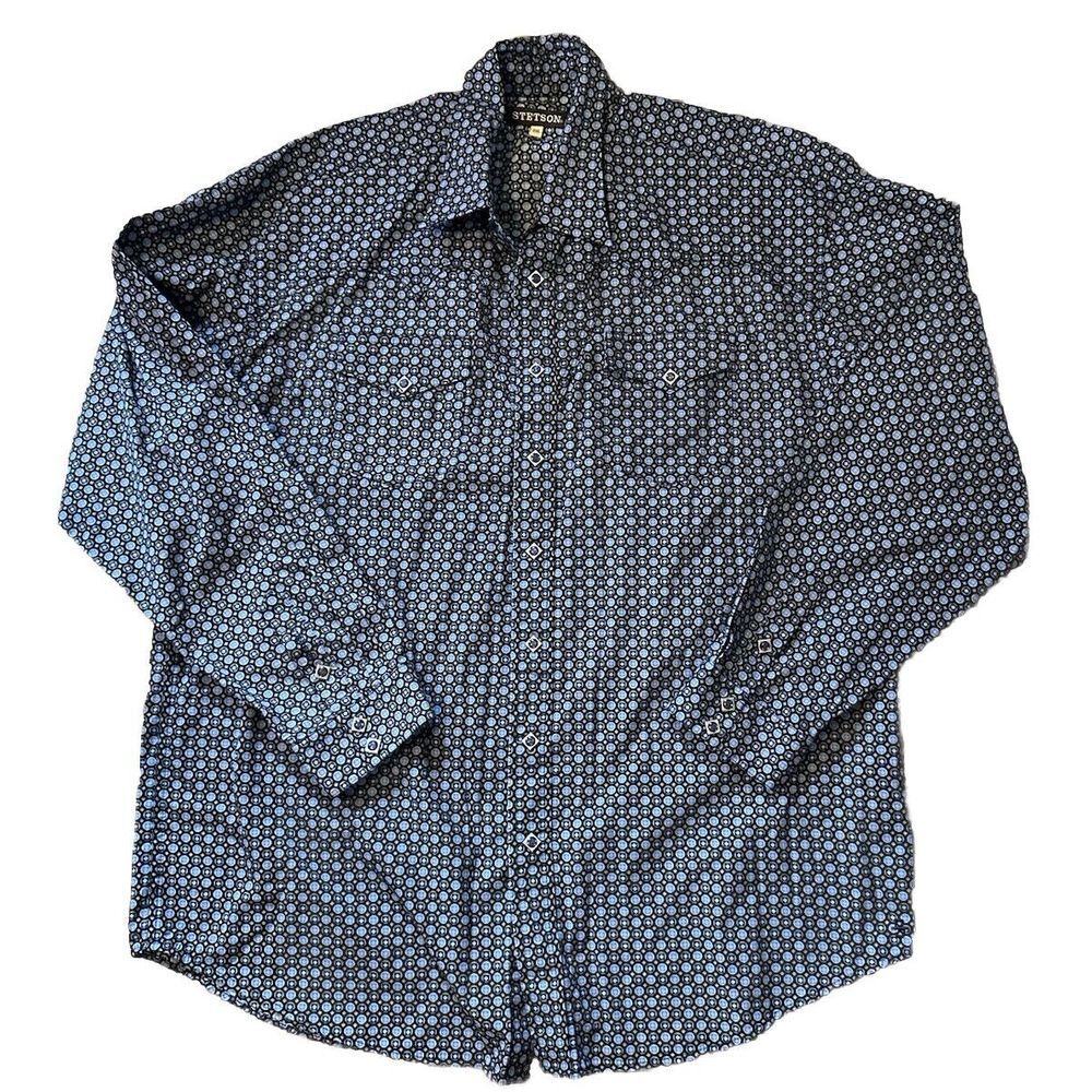 Stetson Shirt Mens Size 2XL Blue Geometric Pearl Snap‎ Long Sleeve Western Adult
